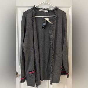 Karen Lessly Open-Front Fringe Cardigan Charcoal Gray